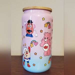vintage cartoon characters pink blue glitter glass tumbler wooden lid straw